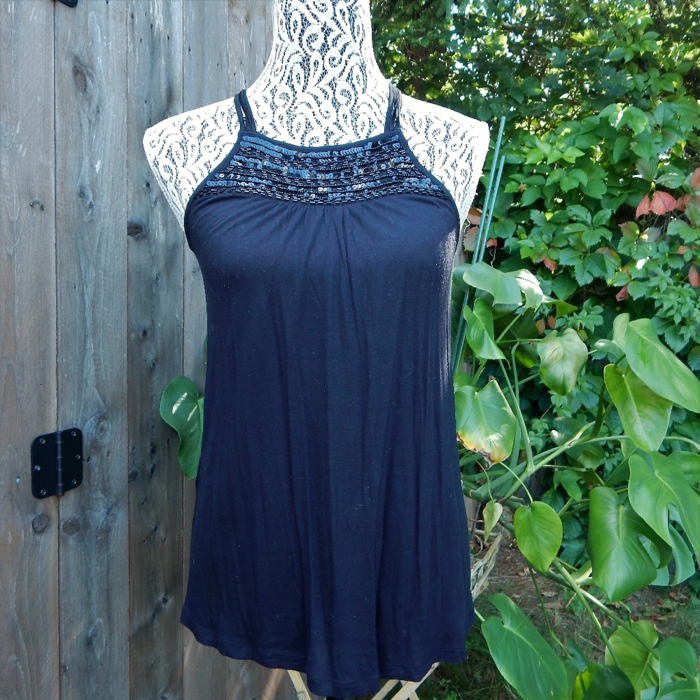 Black Sequin Racer Back Tank Top XS